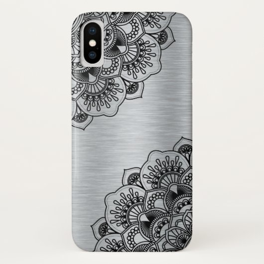 シルバーブラシ仕上げアルミニウムに黒フローラマンダラ Case-Mate iPhoneケース (裏面)