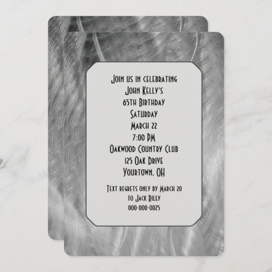 シルバーブラシ仕上げメタル抽象芸術誕生日パーティー 招待状 (正面/裏面)