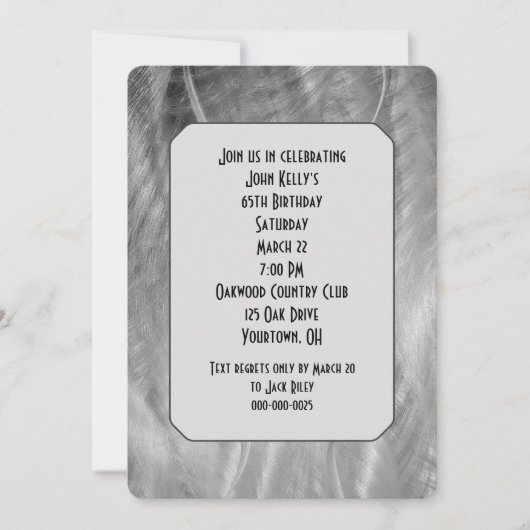 シルバーブラシ仕上げメタル抽象芸術誕生日パーティー 招待状 (正面)