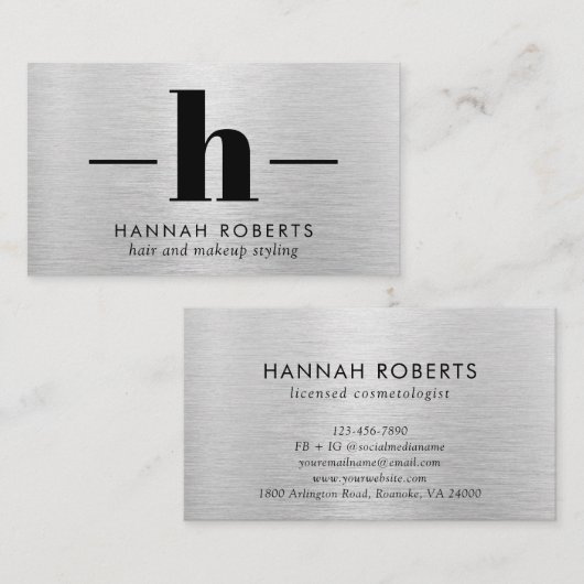 シルバーブラシ仕上げメタル文字Hモノグラムヘアメイクアップ 名刺 (正面/裏面)