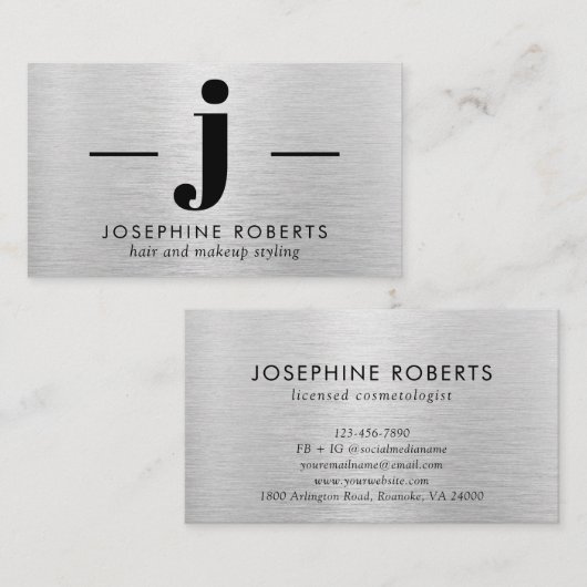 シルバーブラシ仕上げメタル文字Jモノグラムヘアメイクアップ 名刺 (正面/裏面)