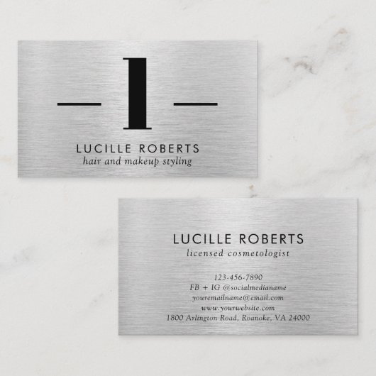 シルバーブラシ仕上げメタル文字Lモノグラムヘアメイクアップ 名刺 (正面/裏面)
