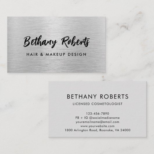 シルバーブラシ仕上げモダンメタルスクリプトの髪とメイクアップ 名刺 (正面/裏面)