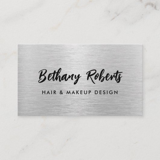 シルバーブラシ仕上げモダンメタルスクリプトの髪とメイクアップ 名刺 (正面)