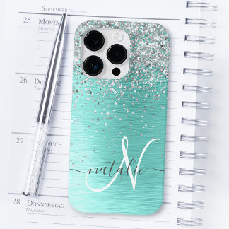 シルバーブラシ仕上げ金属グリッターモノグラム名Case-Ma Case-Mate iPhone 14 Proケース