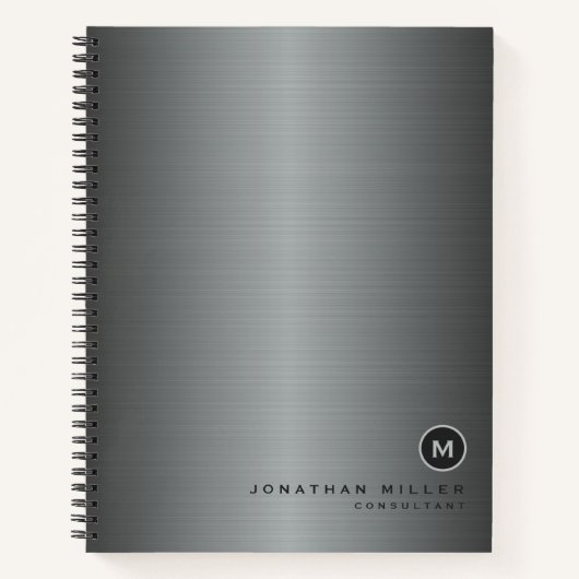 シルバーブラシ仕上げ金属シンプルモノグラム ノートブック (正面)