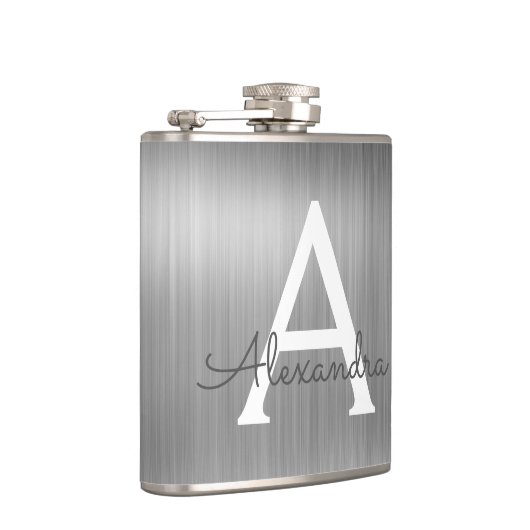 シルバーブラシ仕上げ金属モノグラムの名前とイニシャル フラスク (右)