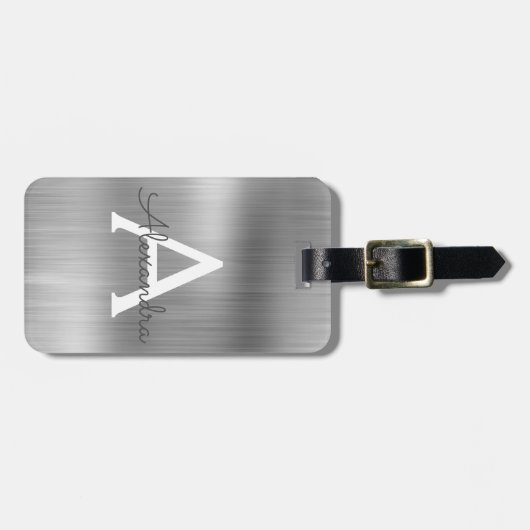 シルバーブラシ仕上げ金属モノグラムの名前とイニシャル ラゲッジタグ (正面横)