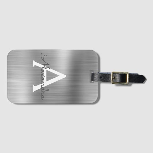 シルバーブラシ仕上げ金属モノグラムの名前とイニシャル ラゲッジタグ (正面横)