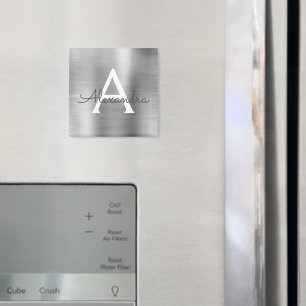 シルバーブラシ仕上げ金属モノグラム名 マグネット