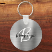 シルバーブラシ仕上げ金属白黒スクリプトモノグラム キーホルダー (正面)