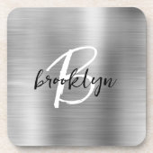 シルバーブラシ仕上げ金属白黒スクリプトモノグラム コースター (正面)