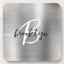 シルバーブラシ仕上げ金属白黒スクリプトモノグラム コースター