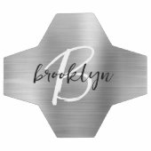 シルバーブラシ仕上げ金属白黒スクリプトモノグラム サッカーボール (フラット)