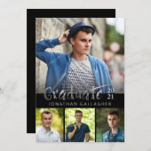 シルバーブラシ卒業生4フォトコラージブラック 招待状 (正面/裏面)