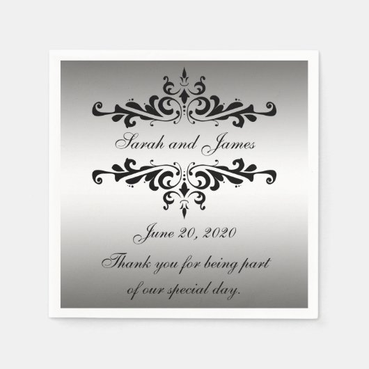 シルバーブラックの渦巻き旋回ありがとう紙結婚のナプキン スタンダードカクテルナプキン (正面)