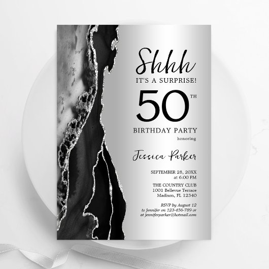 シルバーブラックアガテサプライズ50誕生日 招待状