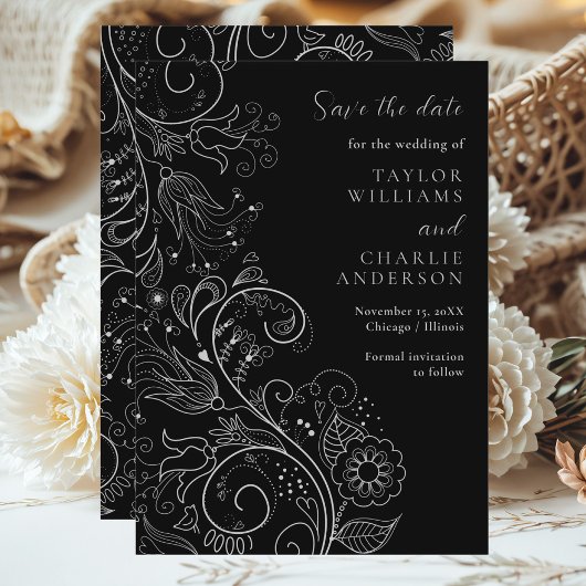 シルバーブラックエレガントフローラ結婚式の日付を保存 セーブザデート