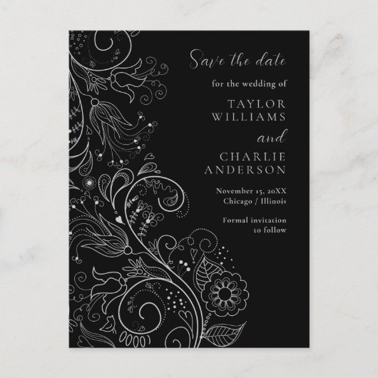 シルバーブラックエレガントフローラ結婚式の日付を保存 ポストカード (正面)