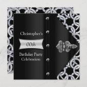 シルバーブラックエレガントメタルチェーン誕生日パーティー 招待状 (正面/裏面)