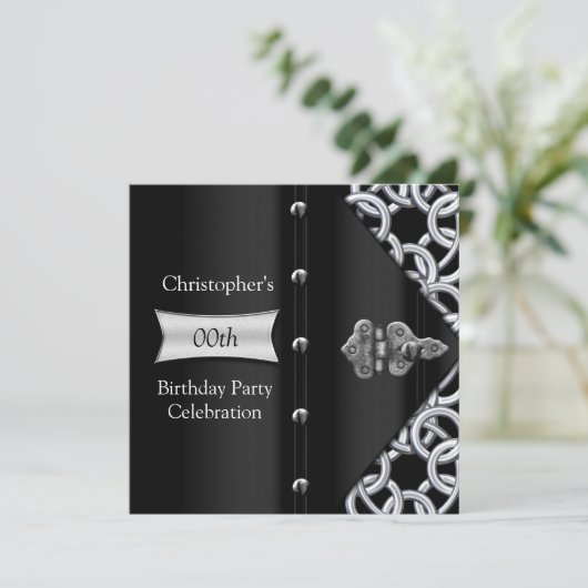 シルバーブラックエレガントメタルチェーン誕生日パーティー 招待状 (スタンド正面)