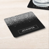 シルバーブラックグリッターガーリーモノグラム名 スクエアペーパーコースター (アングル)