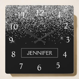 シルバーブラックグリッターガーリーモノグラム名 スクエア壁時計