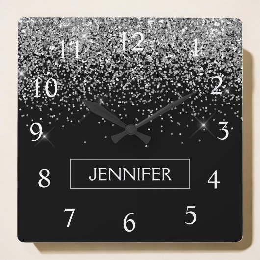 シルバーブラックグリッターガーリーモノグラム名 スクエア壁時計