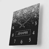 シルバーブラックグリッターガーリーモノグラム名 スクエア壁時計 (傾斜)