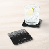 シルバーブラックグリッタースクリプトモノグラムガーリー名 コースター (右側)