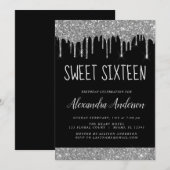 シルバーブラックグリッタースパークルエレガントスウィート16 招待状 (正面/裏面)