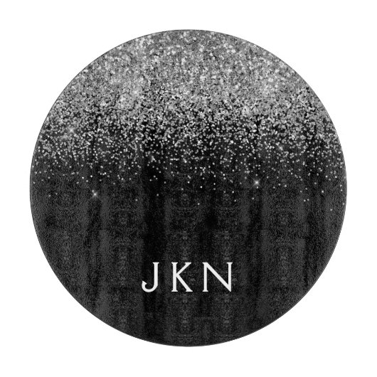 シルバーブラックグリッターモノグラムガーリー名イニシャル カッティングボード (正面)