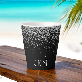 シルバーブラックグリッターモノグラムガーリー名イニシャル カフェラテマグ