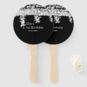シルバーブラックグリッター追加の名前の誕生日の年t ハンドファン (正面&裏面)