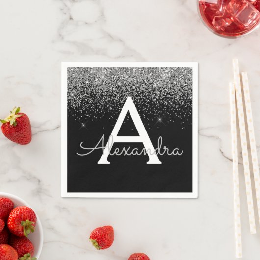 シルバーブラックグリッター&スパークルモノグラム誕生日 スタンダードカクテルナプキン (インサイチュ)
