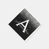 シルバーブラックグリッター&スパークルモノグラム誕生日 スタンダードカクテルナプキン (角)