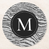 シルバーブラックグリッツゼブラグリッターモノグラム ラウンドペーパーコースター (正面)