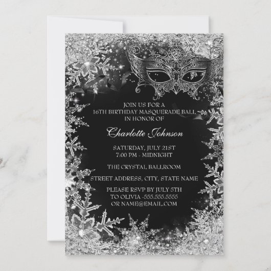 シルバーブラックスノーフレークマスクマスカレードスウィート16 招待状 (裏面)