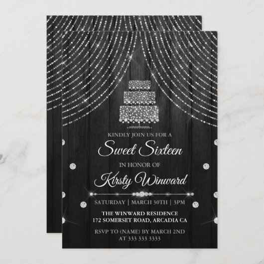 シルバーブラックダイヤモンドお誕生日ケーキスイート16 招待状 (正面/裏面)