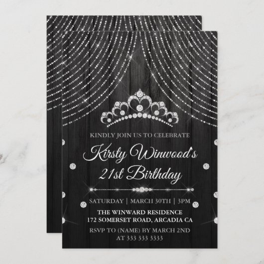 シルバーブラックダイヤモンドティアラ誕生日 招待状 (正面/裏面)