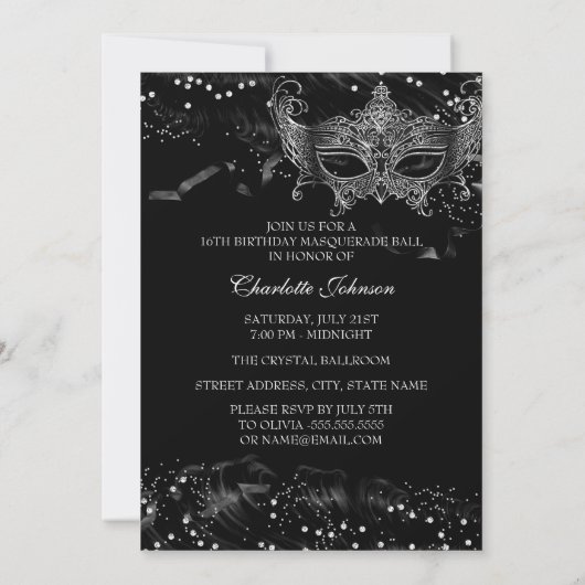 シルバーブラックダイヤモンドマスクマスカレードスウィート16 招待状 (裏面)