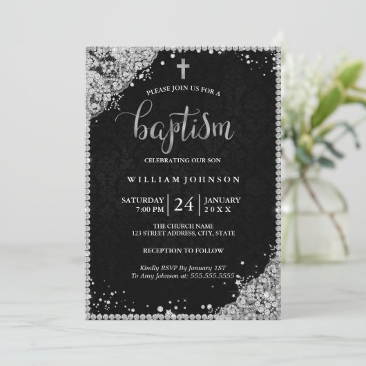 シルバーブラックダイヤモンドレースクロスバプテスマ招待状 招待状 (スタンド正面)