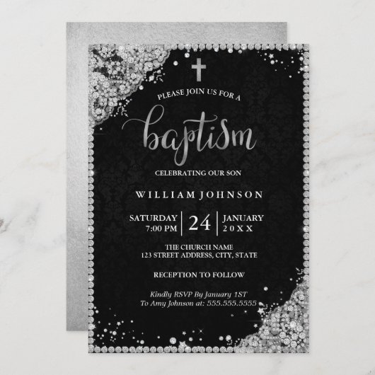 シルバーブラックダイヤモンドレースクロスバプテスマ招待状 招待状 (正面/裏面)