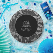 シルバーブラックダマスク25周年記念 ペーパープレート (パーティー)