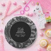 シルバーブラックダマスク25周年記念 ペーパープレート (パーティー)