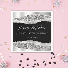 シルバーブラックハッピーバースデー紙ナプキン スタンダードカクテルナプキン