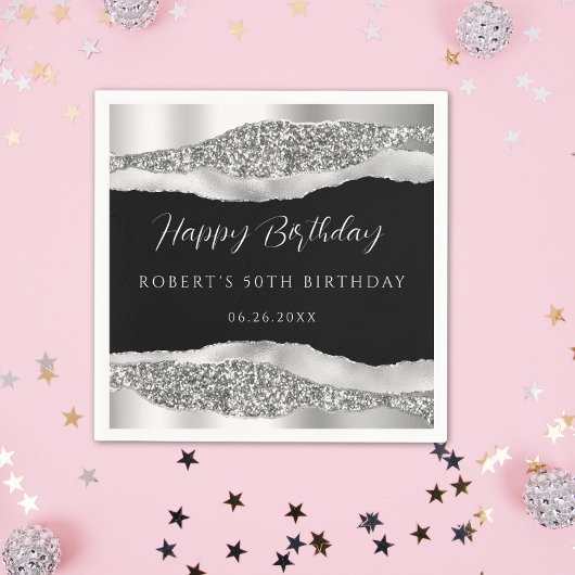 シルバーブラックハッピーバースデー紙ナプキン スタンダードカクテルナプキン