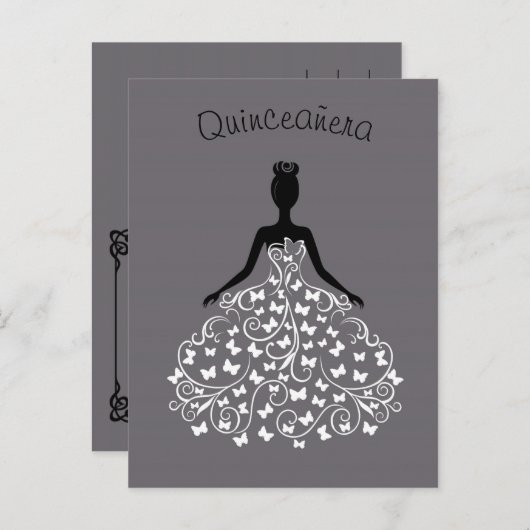 シルバーブラックバタフライガウンキンセアニェラ招待状 インビテーションポストカード (正面/裏面)