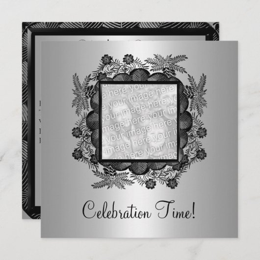 シルバーブラックフローラフォトフレーム50誕生日2 招待状 (正面/裏面)