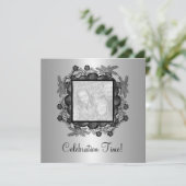 シルバーブラックフローラフォトフレーム50誕生日2 招待状 (スタンド正面)